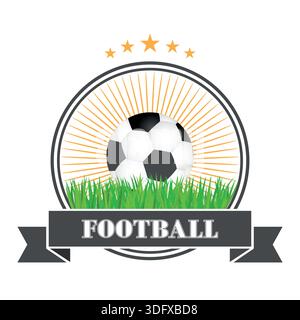 Illustration mit Fußball-Logo. Fußball im Gras mit einem Banner und einem Kreis. Stock Vektor