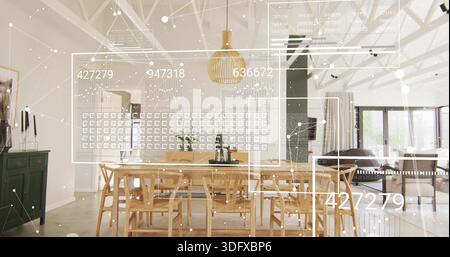 Mit hellem Holz-Esstisch und Holzstühlen im Wohnbereich, AR-Überzügen Stockfoto