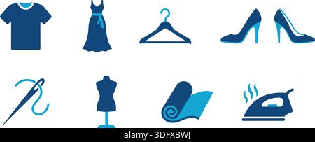 Illustration von Kleidung und Schneidersymbolen, einschließlich Kleid, Kleiderbügel, Schuhe und Nähwerkzeuge. Ideal für Modedesign und Einzelhandelsprojekte. Stock Vektor