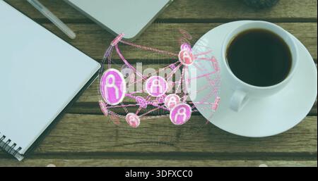Projiziert digitale rosa-violette 3D-Netzwerkkugel über Holztisch, zeigt Notebook, Laptop und Kaffee Stockfoto