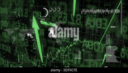 Anzeige von Analysen auf der Globus mit grünem Pfeil und steigenden Trendlinien auf dem digitalen Armaturenbrett 94 Stockfoto