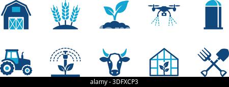 Set von Symbolen für die Landwirtschaft, die landwirtschaftliche Technologie und Werkzeuge zeigen, ideal für Bildungs- und Werbezwecke. Stock Vektor