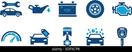 Satz blauer Symbole für verschiedene Fahrzeugteile und Wartungssymbole. Ideal für Automobilunternehmen oder Bildungszwecke. Einfach und sauber DE Stock Vektor