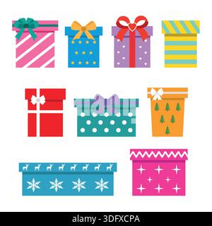 Geschenkboxen isoliert auf weißem Hintergrund. Farbenfroh verpackt. Verkauf, Einkaufskonzept. Kollektion zum Geburtstag, Weihnachten. Stock Vektor