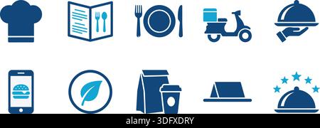 Sammlung moderner blauer Vektorsymbole für Restaurantkonzepte, einschließlich Speisen, Lieferung und Online-Bestellung. Perfekt für die Anwendungs-Benutzeroberfläche Stock Vektor