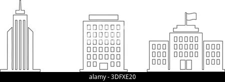 Ein minimalistisches Schwarz-weiß-Vektor-Illustrationsset mit drei unterschiedlichen architektonischen Stilen: Ein hoher, spitzer Wolkenkratzer, ein Standard-Mid-Rise-Co Stock Vektor
