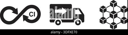 Eine Reihe schwarzer Symbole, die kontinuierliche Integration, Lieferlogistik und Blockchain-Technologie veranschaulichen. Stock Vektor