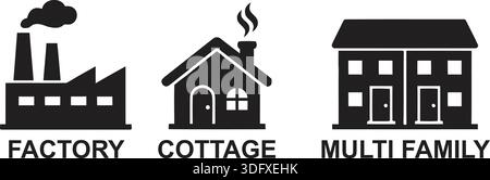 Silhouettensymbole, die eine Fabrik, ein Cottage und ein Mehrfamiliengebäude darstellen. Stock Vektor