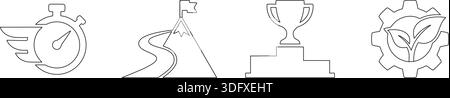Eine Reihe von Liniensymbolen, die Geschwindigkeit, Leistung und Nachhaltigkeit symbolisieren, darunter eine Stoppuhr, einen Berg mit Flagge, Trophäe und ein Blatt in einer Ausrüstung. Stock Vektor