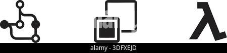 Schwarz-weiße Symbole für Schaltkreis, Anwendung und Lambdasymbol. Ideal für Technik, Programmierung und digitale Themen. Stock Vektor