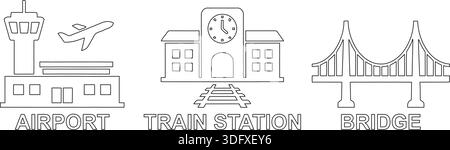Minimalistische Strichabbildung mit Ikonen eines Flughafens, eines Bahnhofs und einer Brücke. Stock Vektor