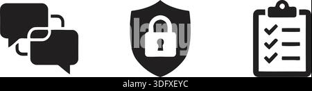 Schwarze Symbole für Sprechblasen, ein Schloss auf einem Schild und eine Checkliste. Nützlich für Online-Sicherheit, Datenschutz und effektive Kommunikationsthemen. Stock Vektor