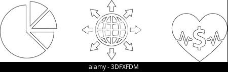 Set von Umrisssymbolen, einschließlich eines Tortendiagramms, eines Globus mit Pfeilen und eines Herzens mit einem Dollarzeichen. Stellt Konzepte wie Finanzen, Globalisierung und dar Stock Vektor