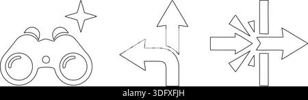 Schwarz-weiße Vektorillustration mit Navigationssymbolen wie Fernglas, Richtungspfeilen und einem Kreuzungszeichen. Stock Vektor
