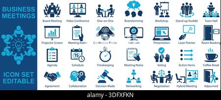 Editierbarer Vektorsymbolsatz, der wichtige Formate für Geschäftstreffen, Büroprozesse und Methoden der Zusammenarbeit im Unternehmen darstellt. Nützlich für Infografiken. Stock Vektor