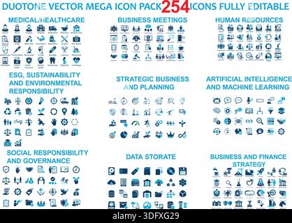 Eine riesige Sammlung professioneller Duplex-Vektorsymbole, die mehrere Kategorien wie Gesundheitswesen, HR, Finanzen, KI und ESG abdecken. Perfekt für Infografiken Stock Vektor