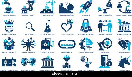 Sammlung flacher blauer Vektorsymbole, die Unternehmensfinanzierung, Entwicklung und strategische Konzepte wie Börsengang und Marktbeherrschung darstellen. Perfekt Stock Vektor