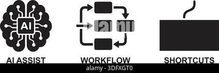 Eine Reihe von Schwarzweiß-Symbolen, die KI-Unterstützung, Workflow-Prozesse und Tastenkombinationen veranschaulichen und Konzepte moderner Technologie darstellen. Stock Vektor