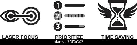 Eine Reihe minimalistischer Schwarzweiß-Symbole, die die Konzepte des Laserfokussierens, der Priorisierung und der Zeitersparnis mit symbolischen Bildern veranschaulichen. Stock Vektor