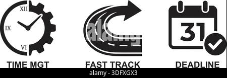 Eine Reihe von Geschäftssymbolen, die Konzepte des Zeitmanagements, der schnellen Nachverfolgung und der Einhaltung von Fristen veranschaulichen. Stock Vektor