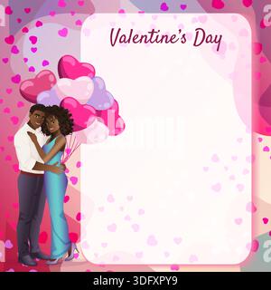 Romantisches schwarzes Paar mit Ballons in Herzform und dekorativem Baum mit Kopfbedeckungen. Valentinstag-Design mit Kopierraum. Quadratische Vektordarstellung. Stock Vektor