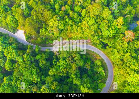 Kurvenreiche Straße, Blick von oben auf die Asphaltstraße, Autobahn durch Wald und Felder in der Regenzeit. Für Reisen und Autofahren in tropi Stockfoto