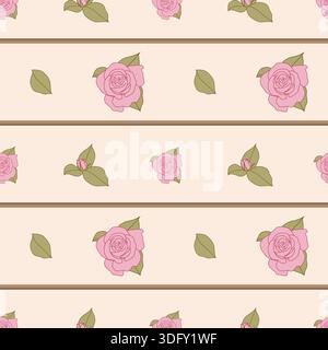 Nahtloses Rosenstreifen-Muster mit rosa Blüten und Knospen auf pastellfarbenem Hintergrund Stock Vektor