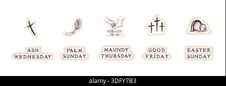 Heilige Woche 2026 Ostersymbole mit Jesus, Aschekreuz waschende Füße und handgeschriebener Text. Isolierter Flachvektor für den christlichen Ascheurlaub Stock Vektor