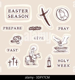 Heilige Woche 2026 Ostersymbole mit Jesus, Aschekreuz waschende Füße und handgeschriebener Text. Isolierter Flachvektor für den christlichen Miettag Stock Vektor