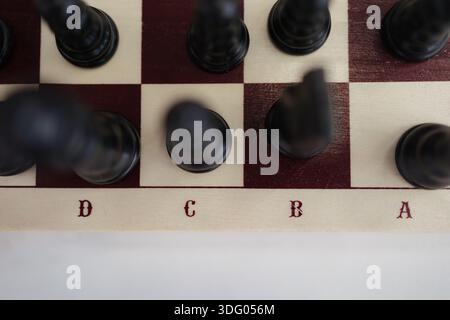 Schwarze Schachfiguren stehen leise auf einem karierten Brett und warten auf den intensiven Kampf der Köpfe in spielerischen Wettkämpfen. Stockfoto