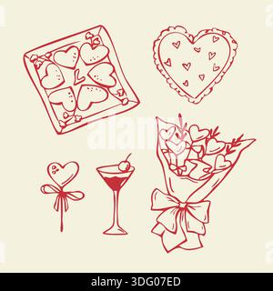 Set aus rotem Doodle Valentinstag mit Süßwarenherz und Glas Stock Vektor