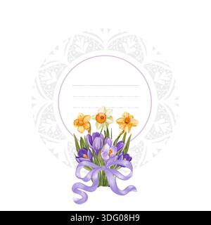 Eine zarte Blumenillustration mit Krokussen und Narzissen, die mit einem lila Band gebunden sind, in einem eleganten runden dekorativen Rahmen mit Platz platziert Stockfoto