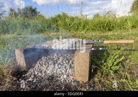 Saftige Portion Steak Grillen auf einem Gitter über glühende Kohlen im Sommer Stockfoto