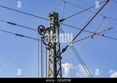 Kabel, Halterungen und Getriebe an einem Metallmast für Oberleitungen für Elektrozüge gegen einen blauen Himmel Stockfoto