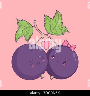 Niedliches, verliebtes Paar aus schwarzen Johannisbeeren. Romantische, süße Kawaii Cartoon Berry Valentine Charaktere mit Herz auf Pink. Vektorabbildung. Ich liebe Maskottchen für Ho Stock Vektor