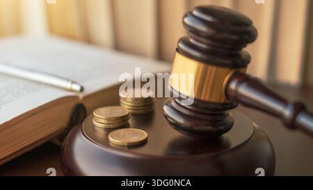 Hammer mit Euro-Münzen und offenem Buch auf einem Holztisch, symbolisiert Gerechtigkeit und Finanzen. Stockfoto