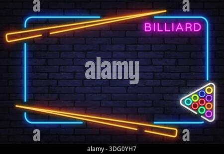 Stylischer Neon-Billardrahmen mit Hinweisen und bunten Kugeln. Ideal für Poolclubs, Spielzimmer oder Sportbar. Stock Vektor