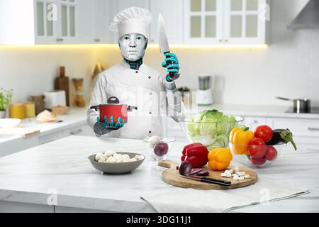 Roboter in Küchenuniform mit Messer und Topf am Tisch in der Küche. Futuristische Technologien im Alltag Stockfoto