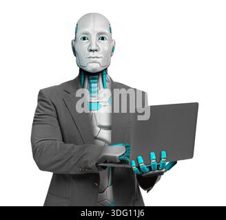 Roboter als Geschäftsmann mit Laptop auf weißem Hintergrund. Zukunftstechnologien im Alltag Stockfoto