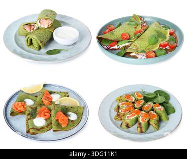 Spinat-Crepes auf verschiedene Weise auf weißem Hintergrund serviert, Set Stockfoto
