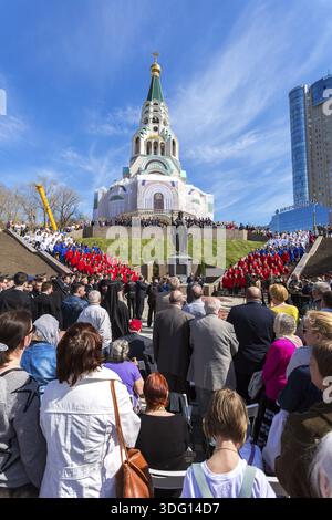 Samara, Russland - 6. Mai 2018: die Zeremonie der Eröffnung eines Denkmal der Heiligen Sophia Prinz Wladimir in der Nähe der Kathedrale der Weisheit Gottes Stockfoto