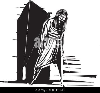 Im expressionistischen Stil gehaltene Holzschnitt-Illustration einer blinden Frau, die nicht wusste, dass sie aus einem Tunnel aufgetaucht ist. Stock Vektor