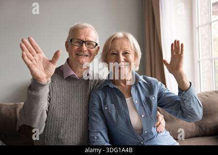 Porträt fröhliches älteres Paar kuschelt mit Blick auf die Kamera winkende Hände Stockfoto