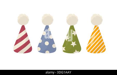 Ein Set Partyhüte mit Pompons: Rosa, Blau, Grün und Gelb. Hüte mit Polka Dots, Streifen und Sternen. Illustration des flachen Vektors. Stock Vektor