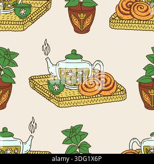 Hygge-Teekanne mit Tasse und Gebäck auf gewebtem Rattan-Tablett mit nahtlosem Muster Stock Vektor
