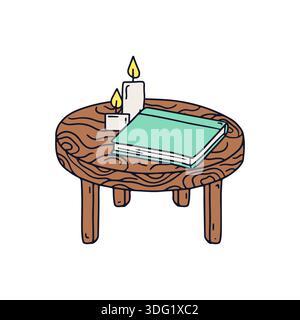 Handgezeichnetes Hygge-Buch mit Doodle auf einem Holztisch mit Kerzensymbol Stock Vektor
