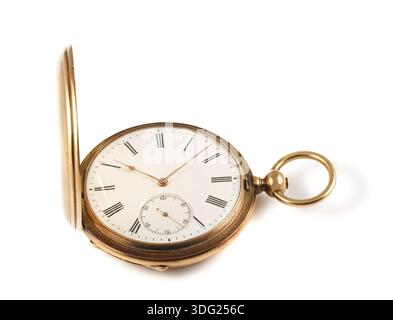 Goldene Taschenuhr isoliert auf weißem Hintergrund Stockfoto