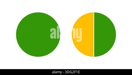 Bunte Pizzakarte, Torten, die von 1 bis 2 gleich großen Teilen segmentiert sind. Infografiken in mehrfarbigen Diagrammen. Kreisschnittdiagramm. Die Räder sind in geteilt Stock Vektor