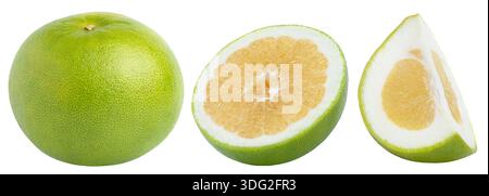 Sammlung von Grapefruit Sweetie Früchten isoliert - ganze süße Frucht, die Hälfte süße Frucht und in eine Scheibe geschnitten. Stockfoto