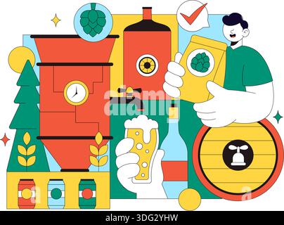 Brauerei-Produktionsprozess Vektor-Illustration mit Biertanks und Flaschen gefüllt mit alkoholischen Getränken für die Gärung auf einem flachen Hintergrund Stock Vektor